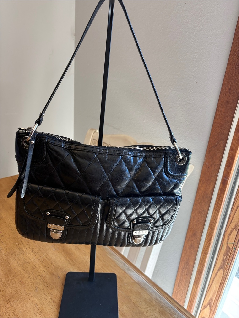 Coach 2012 Poppy Black Quilted Leather Shoulder Bag with Dual Front Pockets